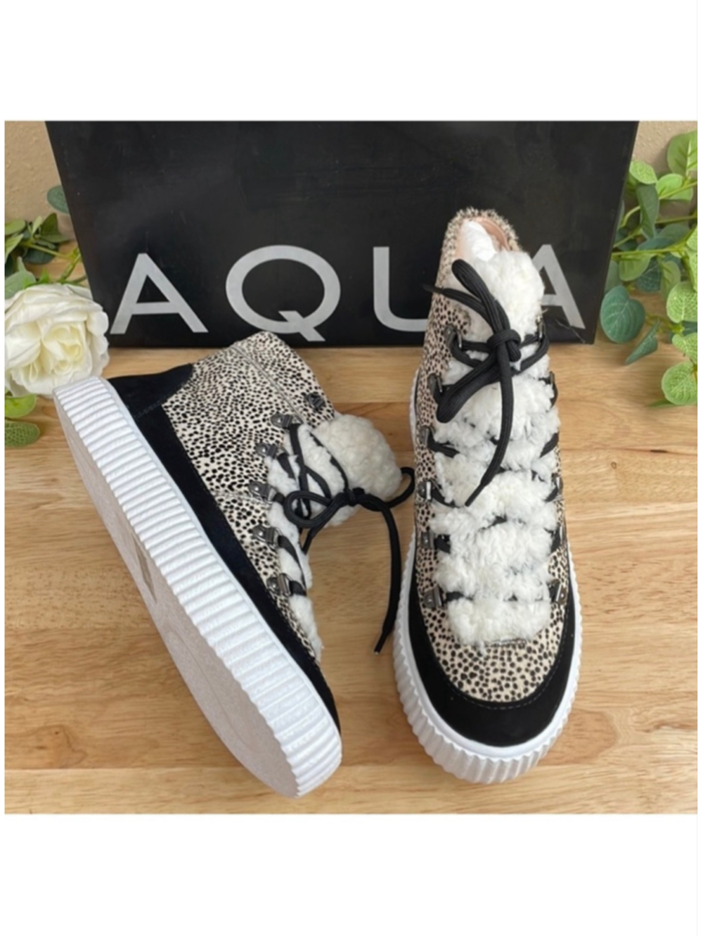 AQUA Pearl Sneakers AQUA Leopard Pony Hair Shearling High Top Sneakers Boots 6B